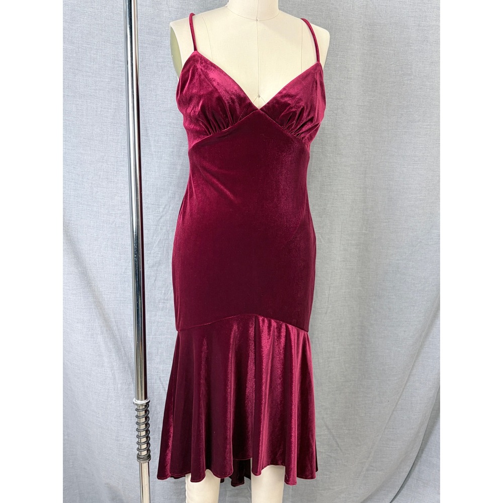THEIA Burgundy Velvet Spaghetti Strap Mermaid Trumpet Gown NWT Size 8 $495‎